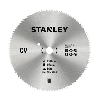 Lâmina de Serra Circular de Aço Corte Fino 190 x 16mm x 100 Dentes STANLEY STA10215-XJ