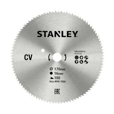 Lâmina de Serra Circular de Aço Corte Fino 170 x 16mm x 100 Dentes STANLEY STA10290-XJ