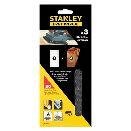 3 Folhas De Lixa G80 C/ Velcro Malha 1/3 93x190mm Stanley STA39032-XJ